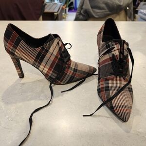 Le Chateau Multicolor Plaid Lace-Up Heels